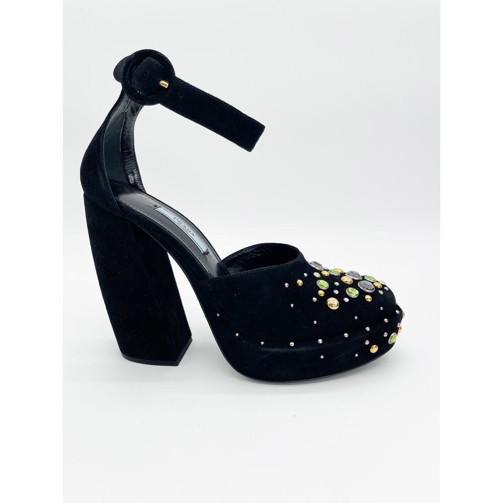Prada Black Suede Multicolor Crystal Studded Platform Ankle Strap Heels IT 38.5